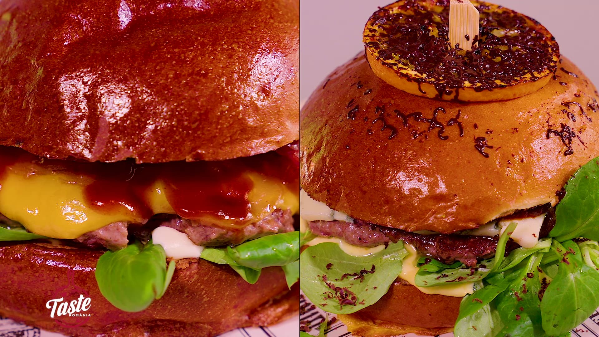 split screen cu bacon burger și burger lava cake